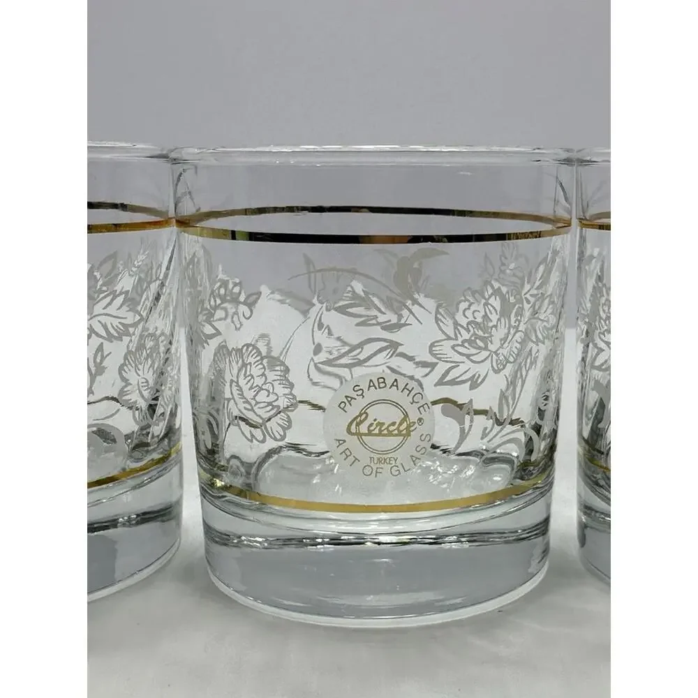4 Pasabahce Circle Turkey‎ Art of Glass Double Old Fashioned Gold Rim Floral Set